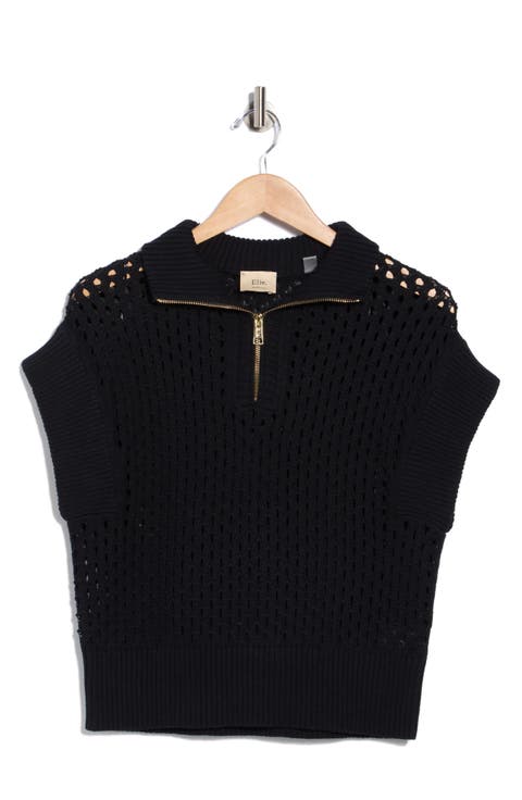 Open Stitch Sleeveless Quarter Zip Sweater