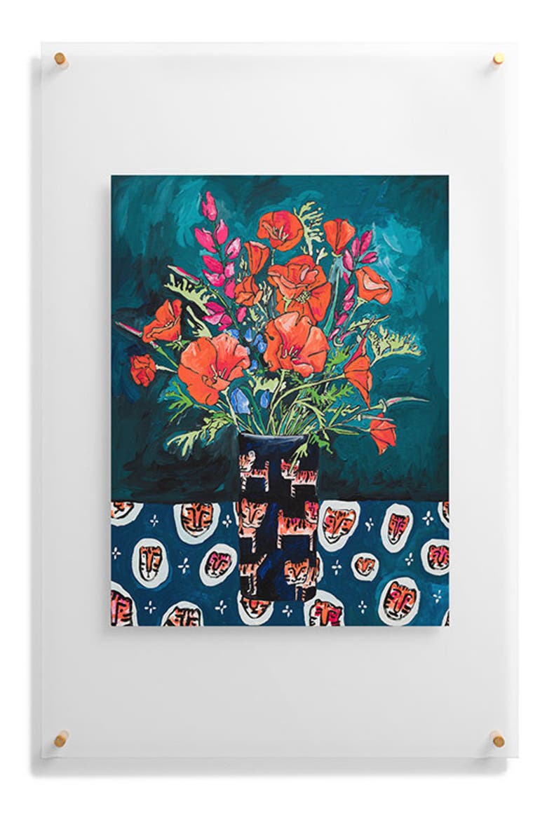 California Summer Bouquet Oranges & Lily Blossoms in Blue & White Urn Floating Art Print, Alternate, color, BLUE
