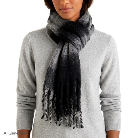 Brushed Acrylic Striped Blanket Scarf with Fringe