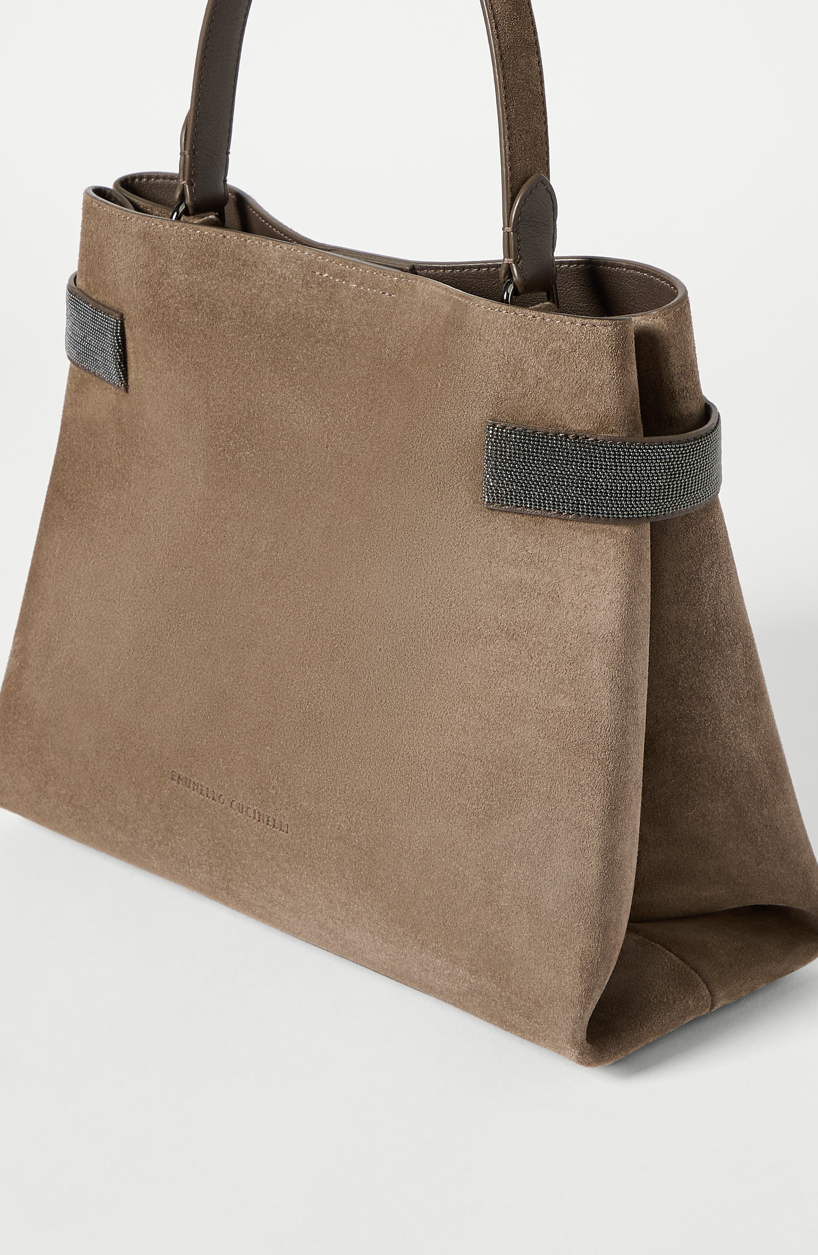 Essence top-handle bag in suede with precious bands, Alternate, color, Bark