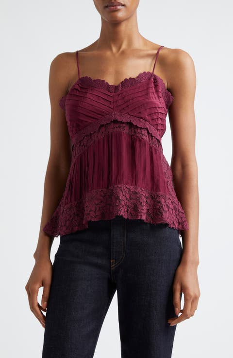 Lace Trim Pintuck Satin Camisole