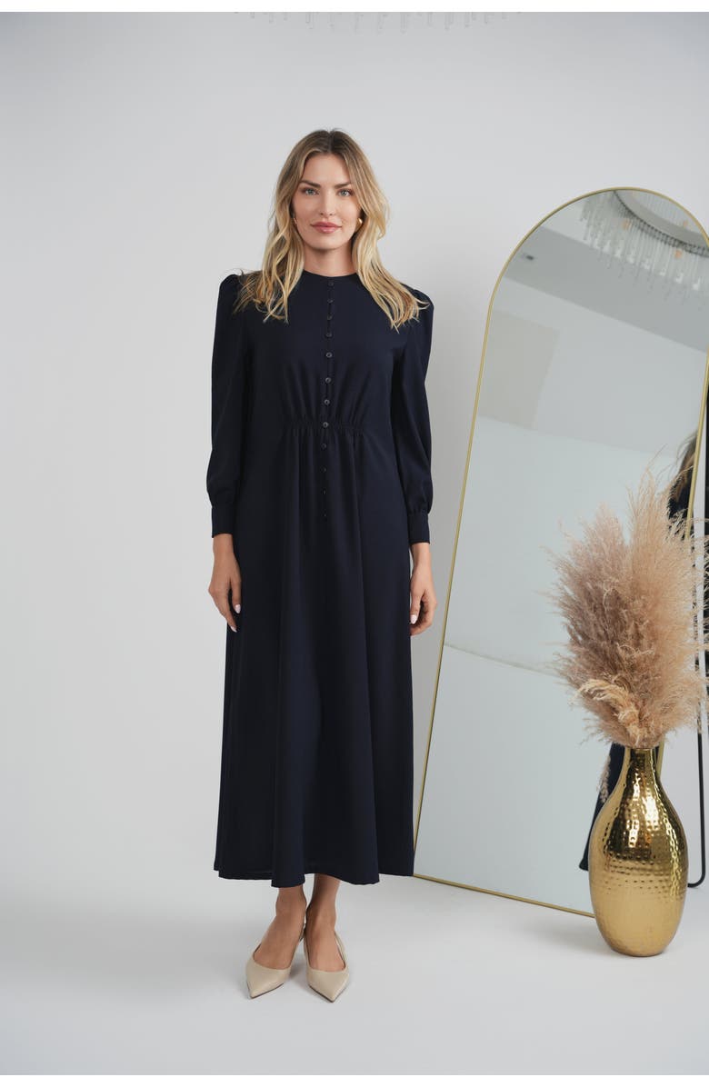 Milan Italy Linen Look Smocked Waist Faux Button Midi Dress, Alternate, color, Navy