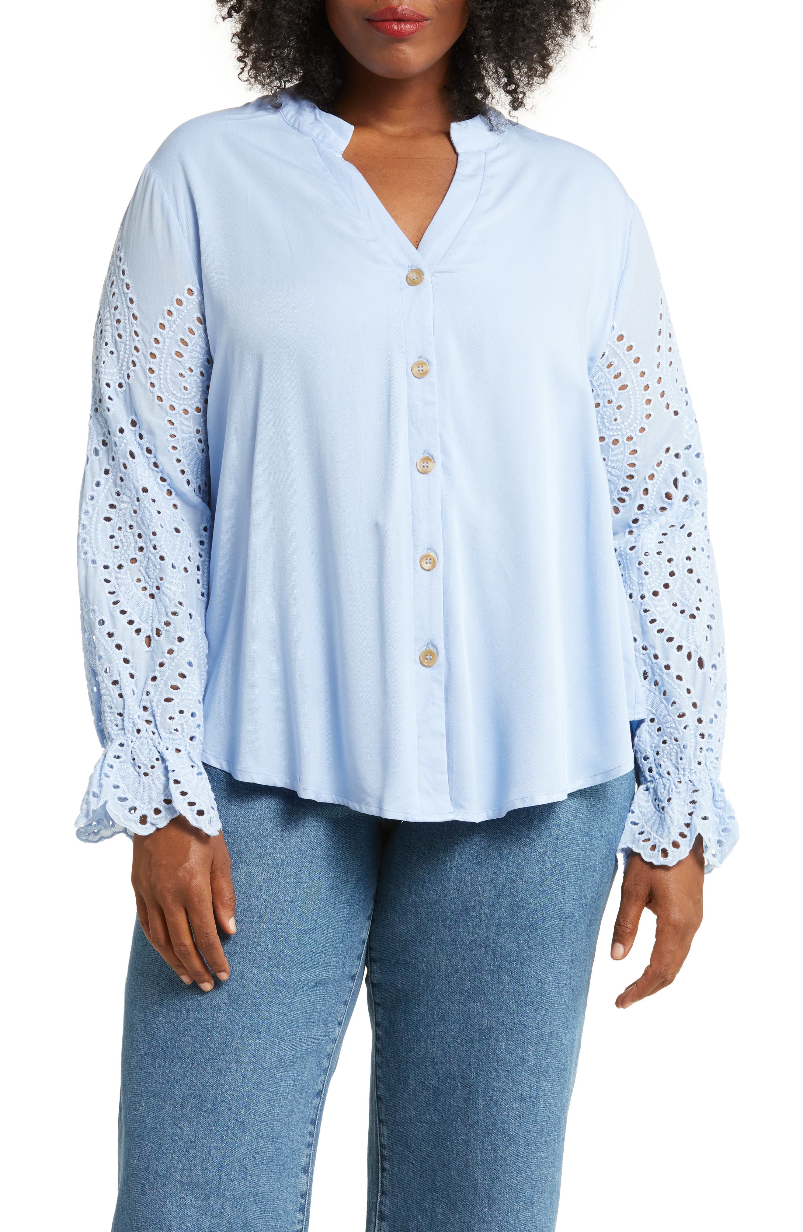 Forgotten Grace Embroidered Eyelet Long Sleeve Button-Up Shirt
