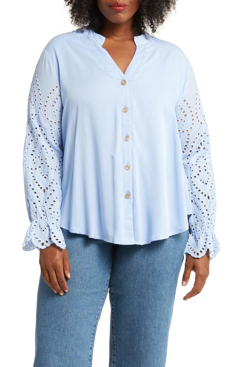 Forgotten Grace Embroidered Eyelet Long Sleeve Button-Up Shirt, Main, color, Denim