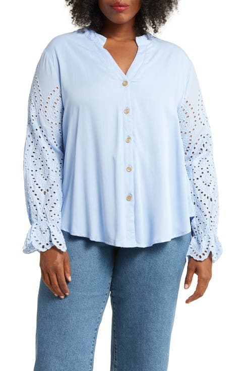 Embroidered Eyelet Long Sleeve Button-Up Shirt (Plus)