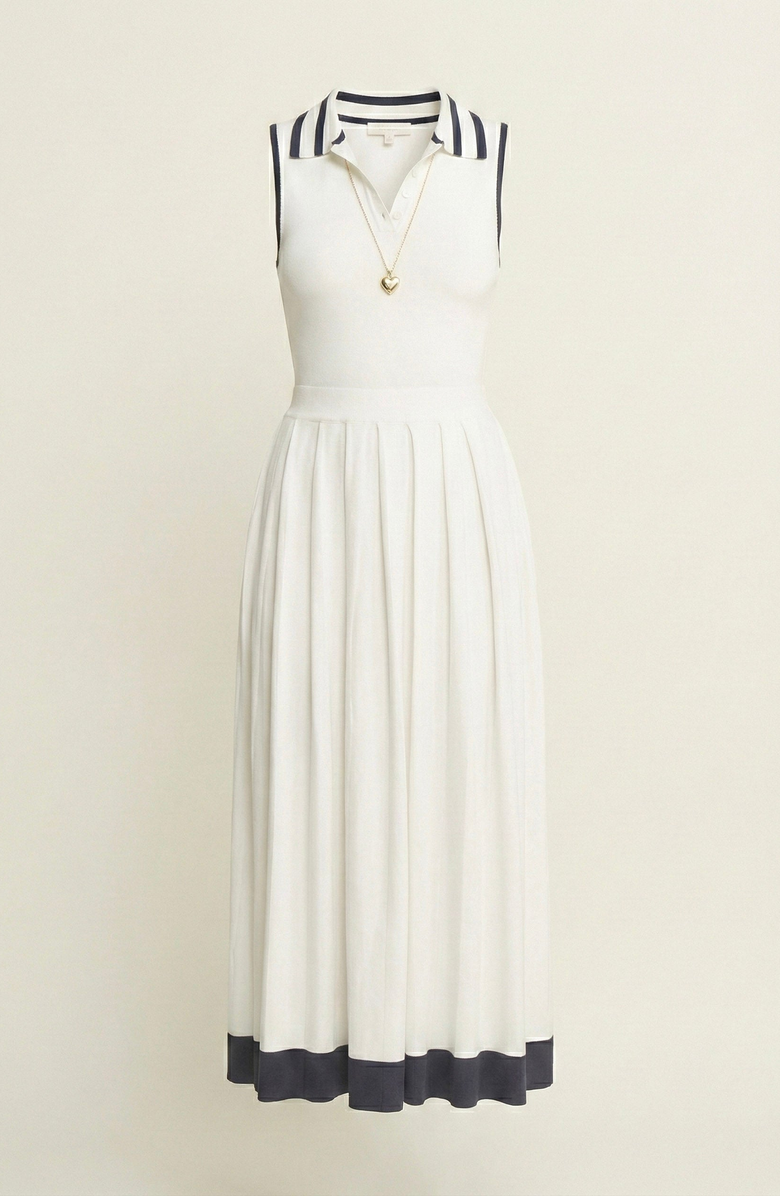 Modenaire Sleeveless Knit Midi Dress with Contrast Collar and Hem Detail, Alternate, color, White