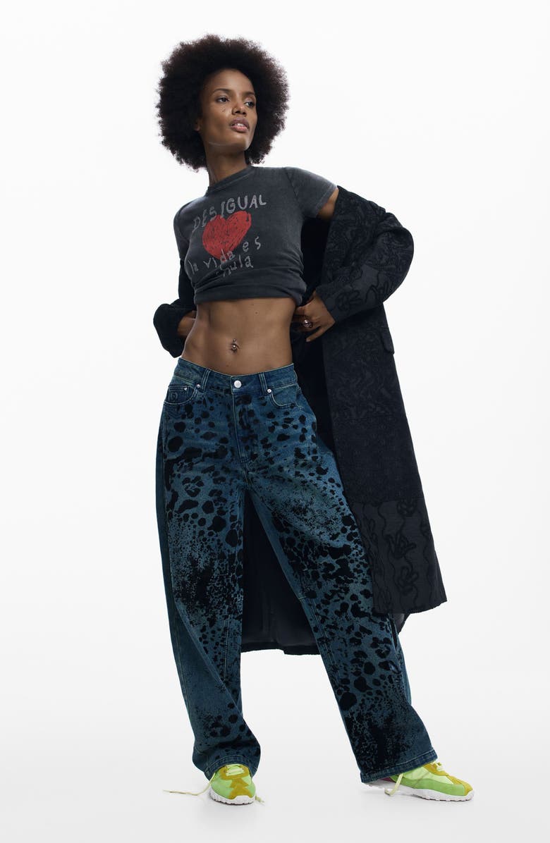 Desigual Abstract Print Barrel Leg Jeans, Alternate, color, Dark Blue