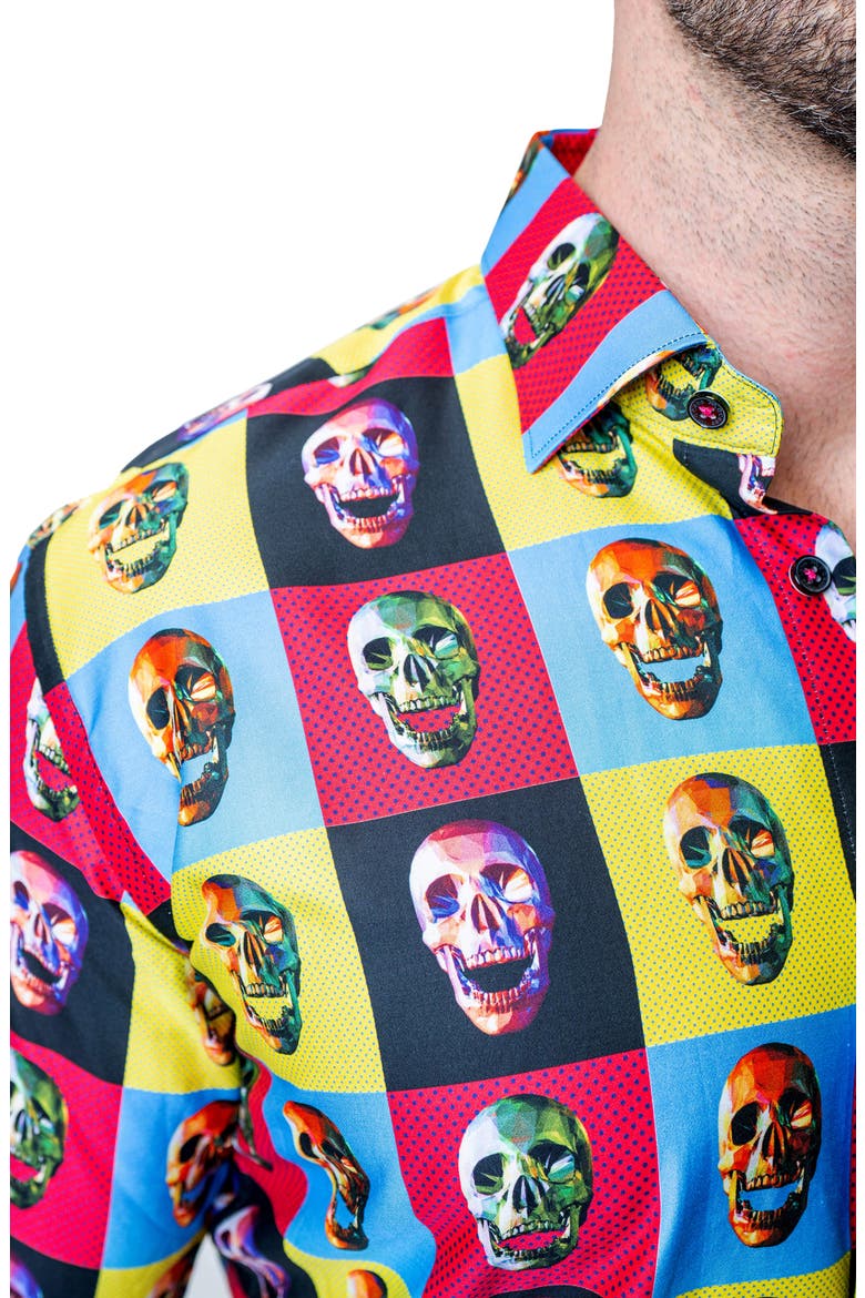Fibonacci Worhol Skull Multi Button-Up Shirt, Alternate, color, BLUE MULTI