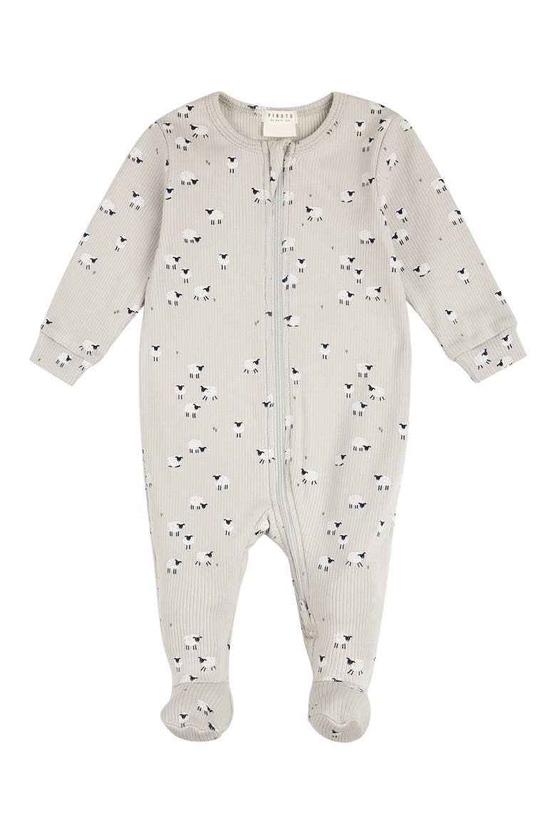 Sheep Print Cotton Rib Footed One-Piece Pajamas, Main, color, LIGHT GREY