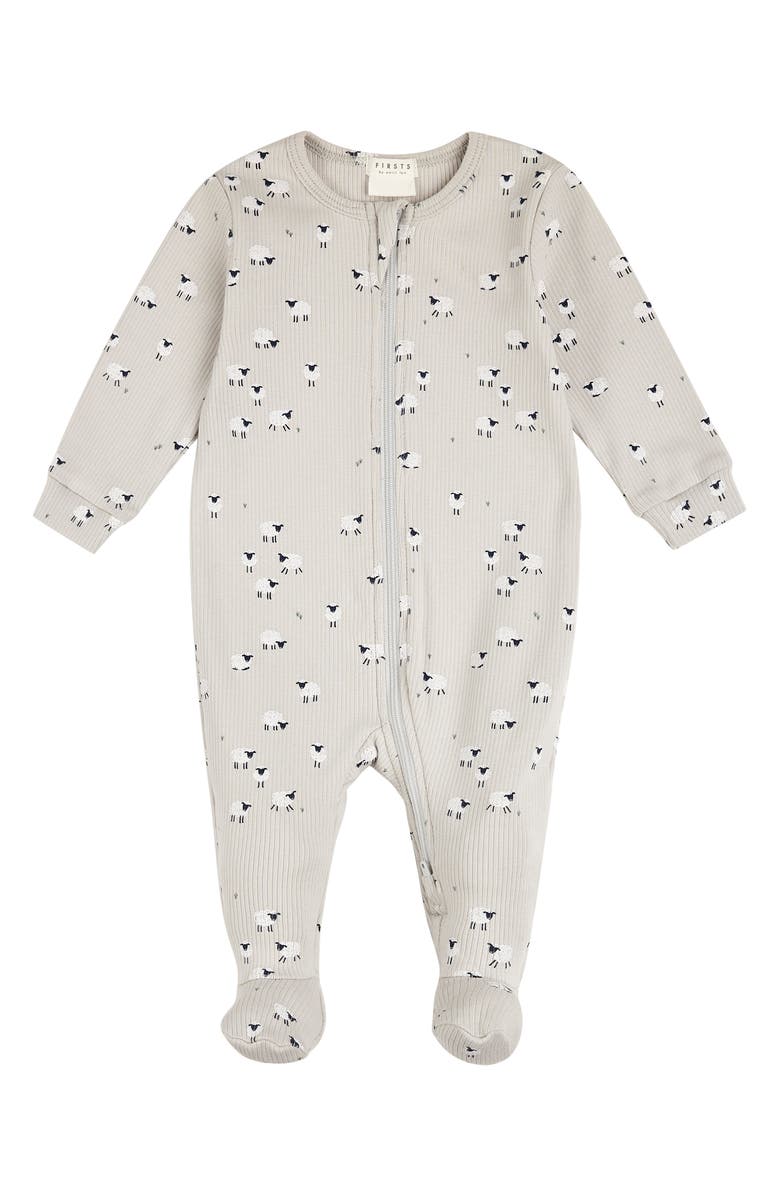 FIRSTS by Petit Lem Sheep Print Cotton Rib Footed One-Piece Pajamas, Main, color,