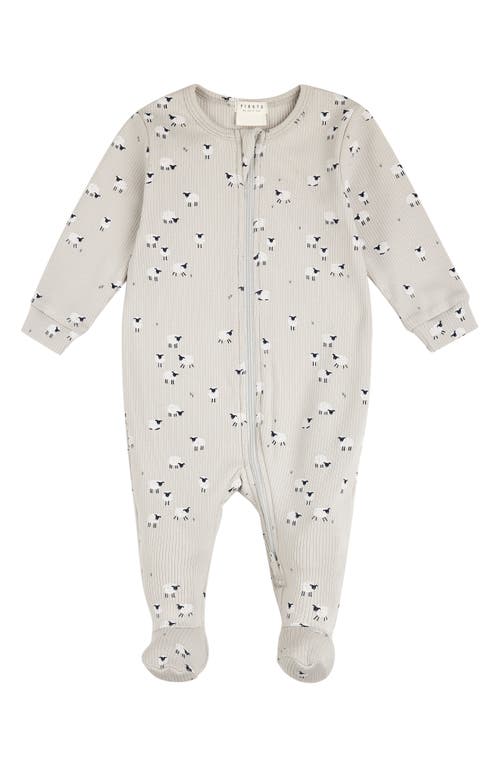 FIRSTS by Petit Lem Sheep Print Cotton Rib Footed One-Piece Pajamas in Light Grey 