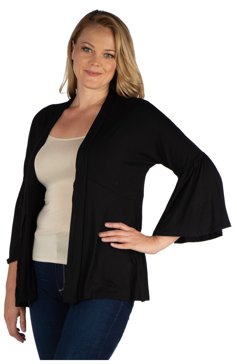 24seven Comfort Apparel Plus Size Bell Sleeve Flared Open Front Cardigan, Alternate, color, Black