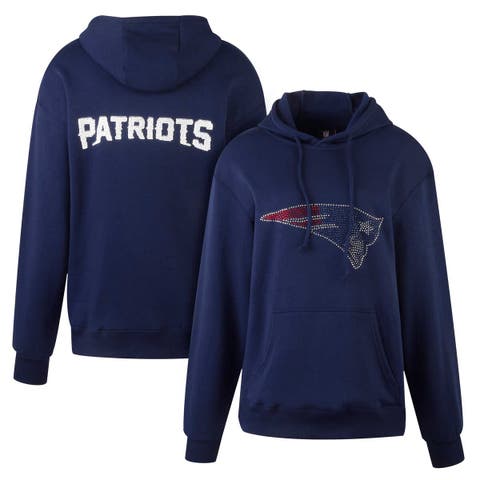 Women's Cuce Navy New England Patriots Rhinestone Logo Wordmark Pullover Hoodie