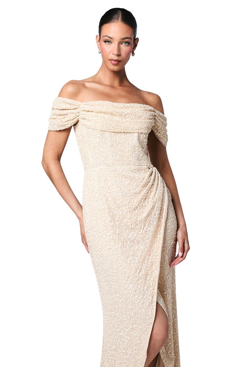 Sequin Bardot Maxi Bridesmaid Dress, Alternate, color, Champagne