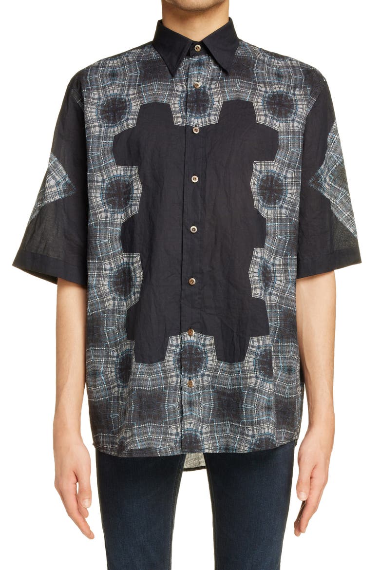 Kaleidoscope Print Short Sleeve Button-Up Shirt, Main, color, BLUE