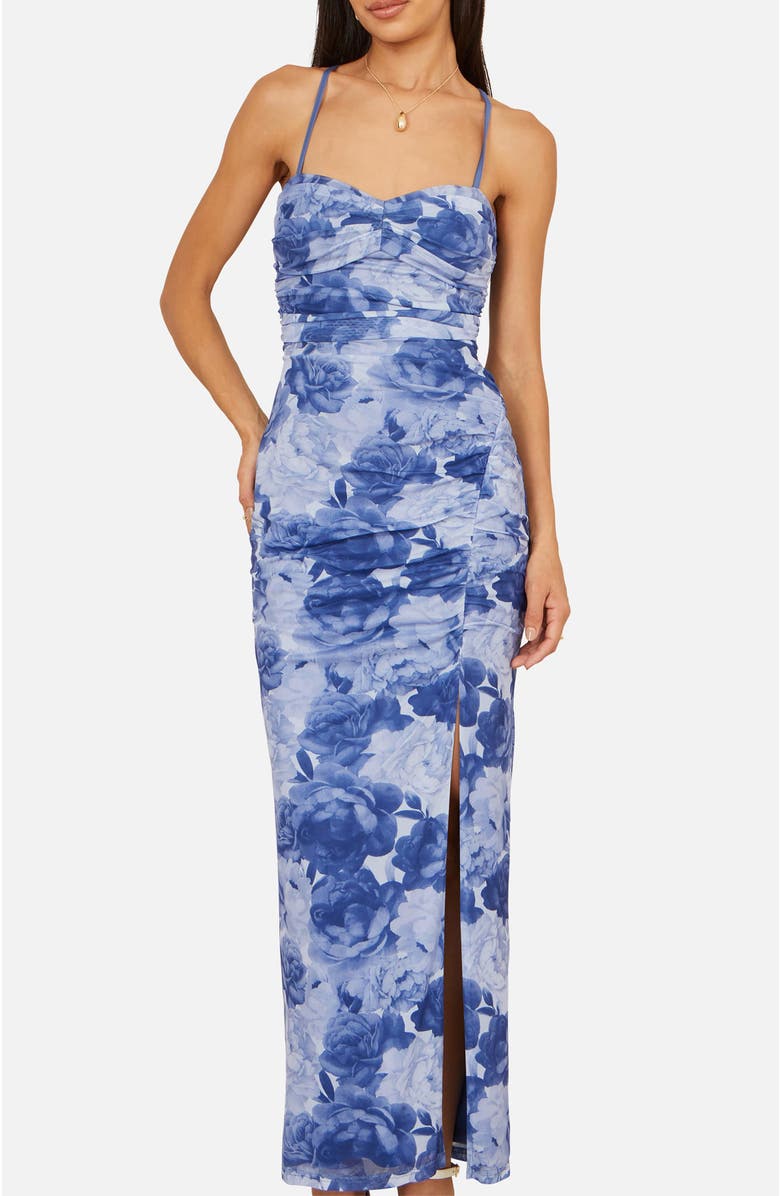 Yumi Mesh Ruched Midi Dress, Alternate, color, Blue