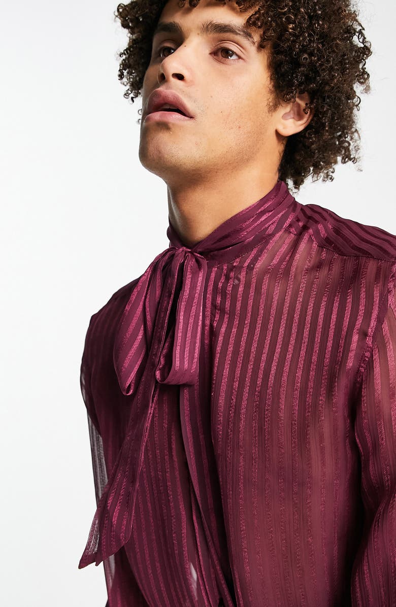 ASOS DESIGN Tie Neck Sheer Button-Up Shirt, Alternate, color,