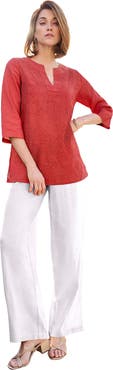 Jessica London Linen V-Neck Embroidered Tunic