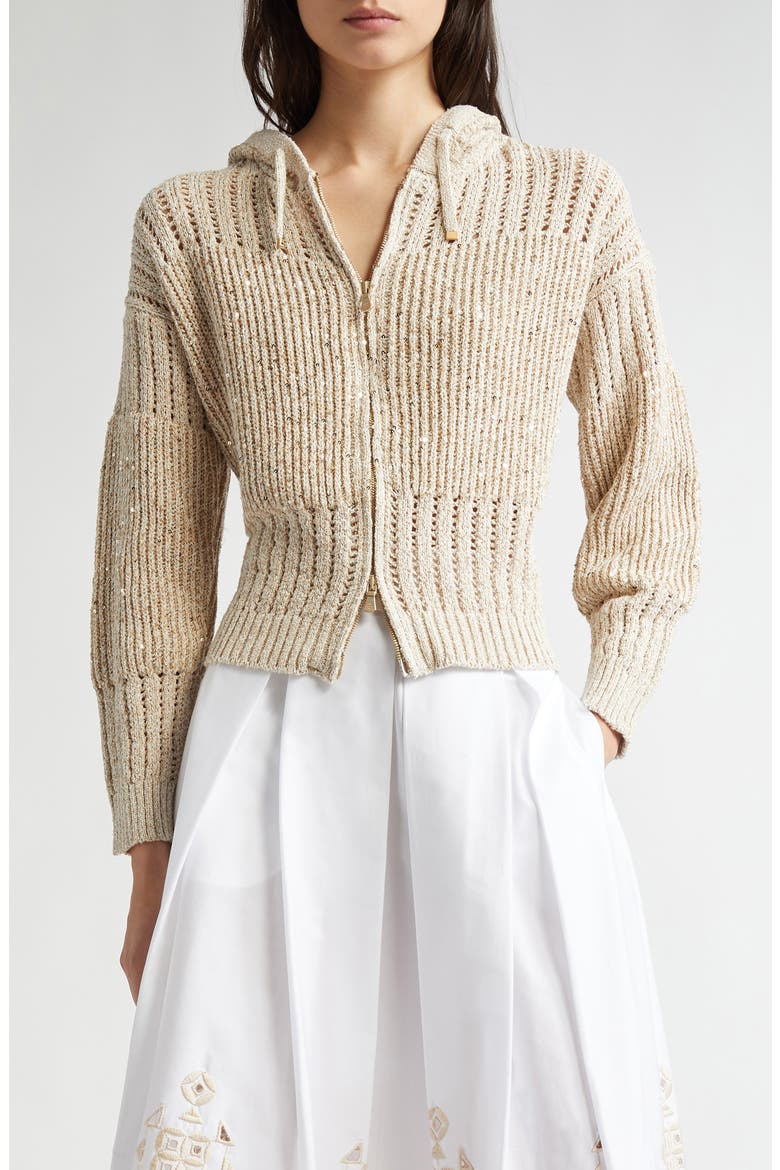 Sequin Zip-Up Hooded Cardian, Main, color, SAND
