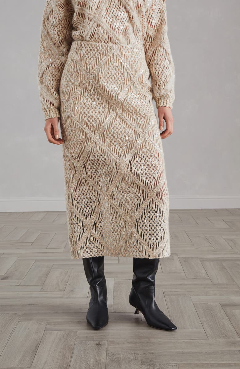 Brunello Cucinelli Wool and alpaca knit skirt with dazzling macro argyle embroidery, Alternate, color, 