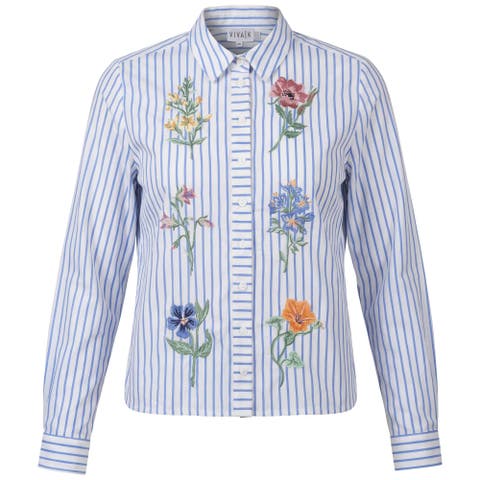 Embroidered Stripe Floral Detail Button Front Blouse