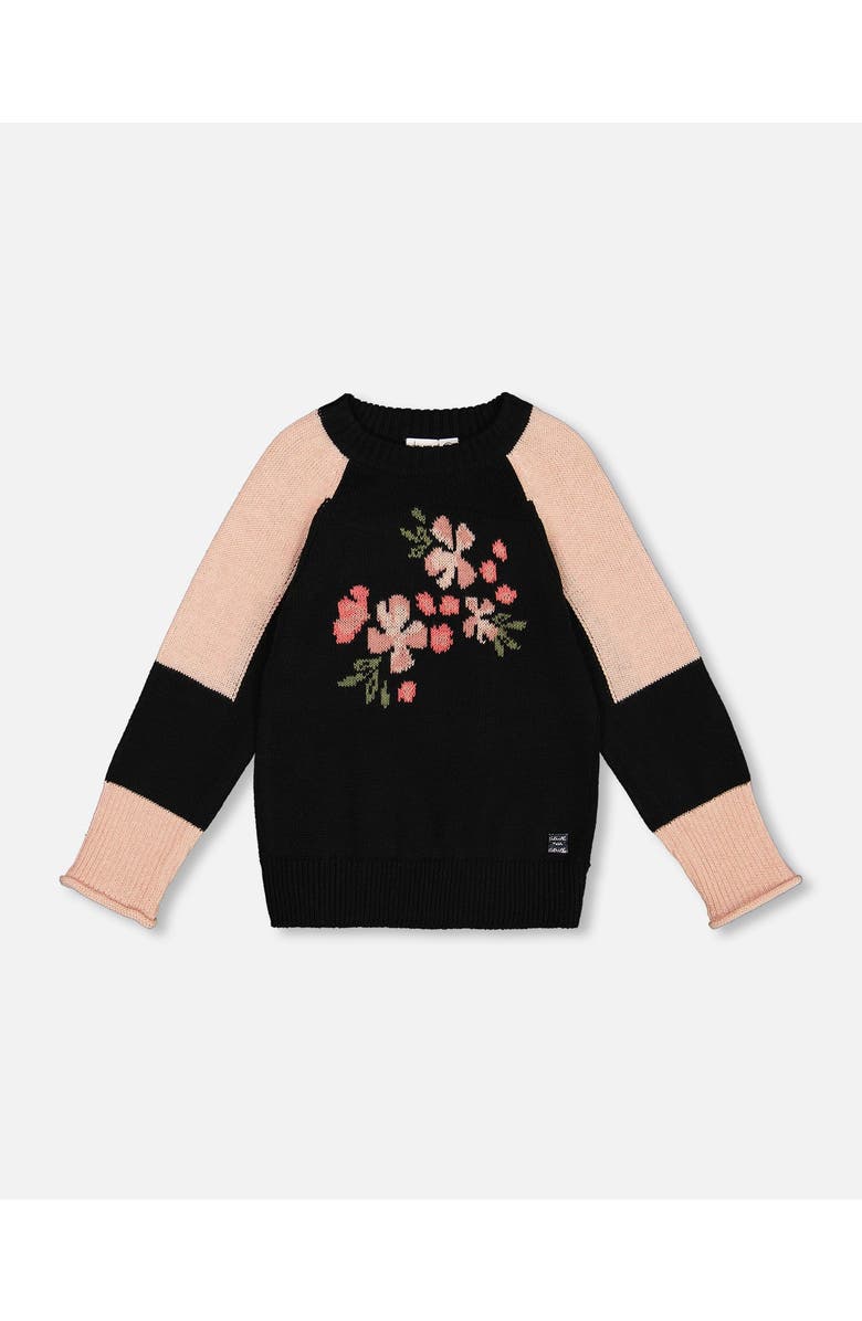 Deux par Deux Girl's Colorblock Knit Sweater With Intarsia Black, Main, color, 