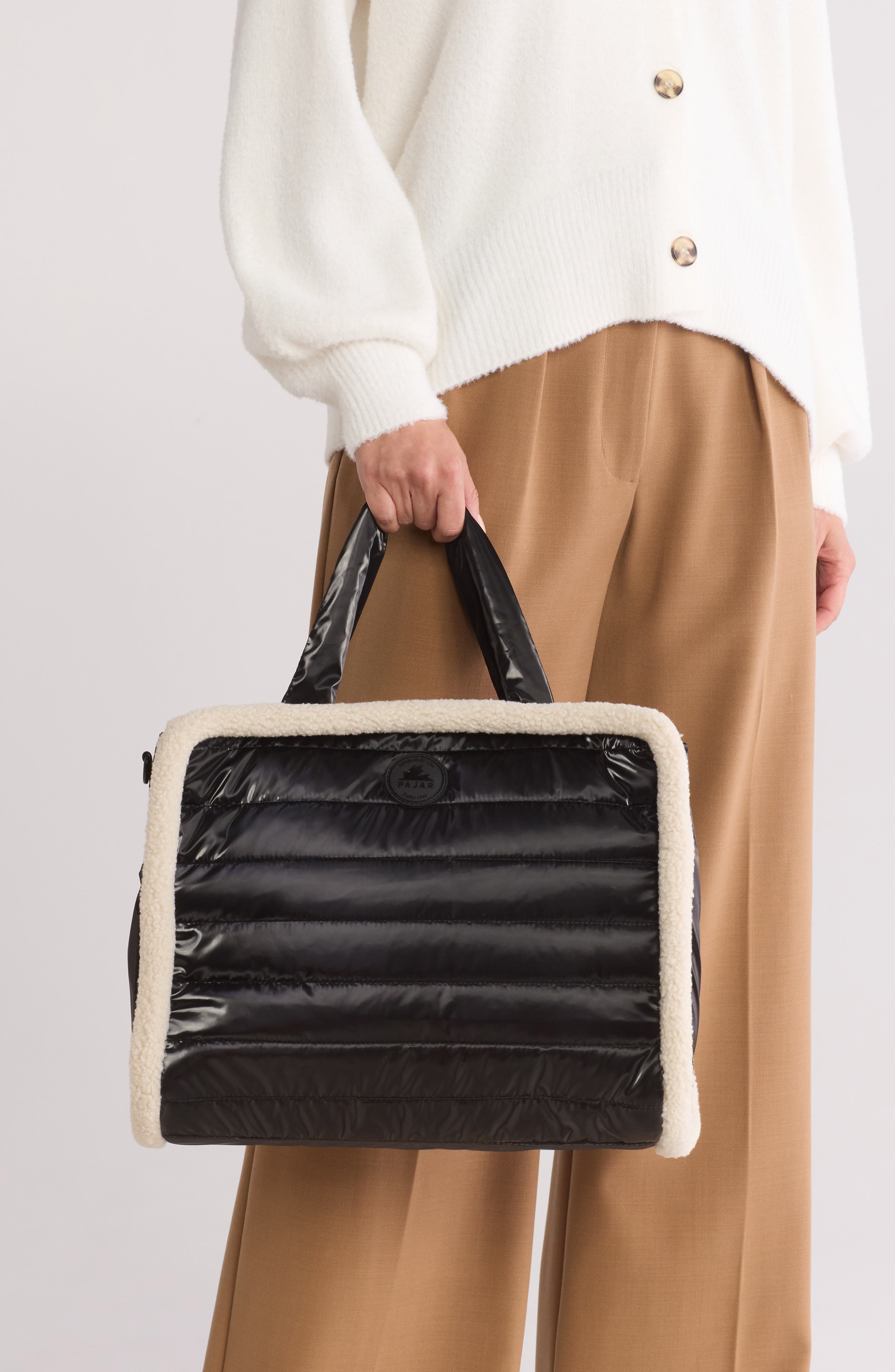 Pajar Quilted Faux Shearling Trim Tote Bag, Alternate, color, 