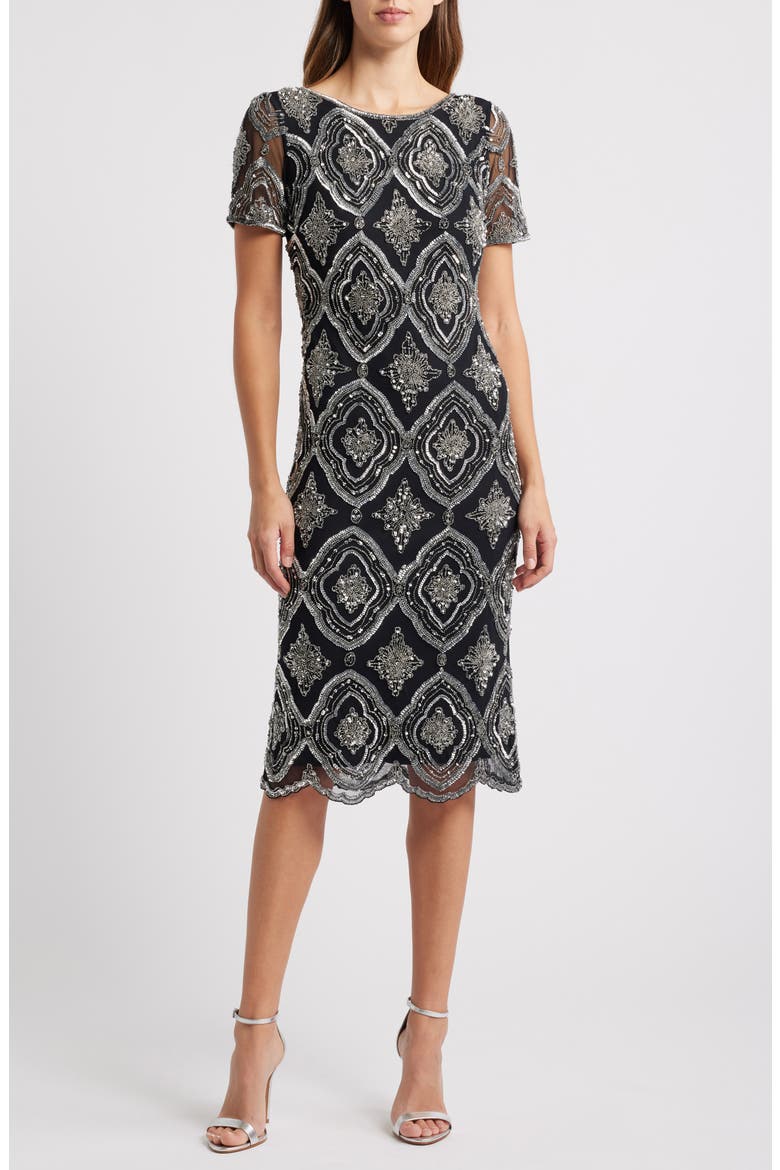 Stain Glass Beaded Cocktail Dress, Main, color, BLACK/ SILVER