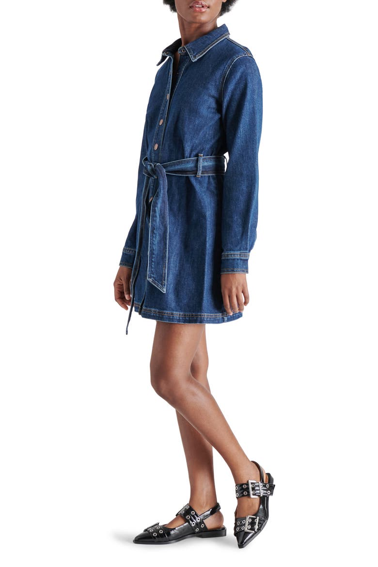 Jolena Long Sleeve Belted Denim Mini Shirtdress, Alternate, color, DARK BLUE