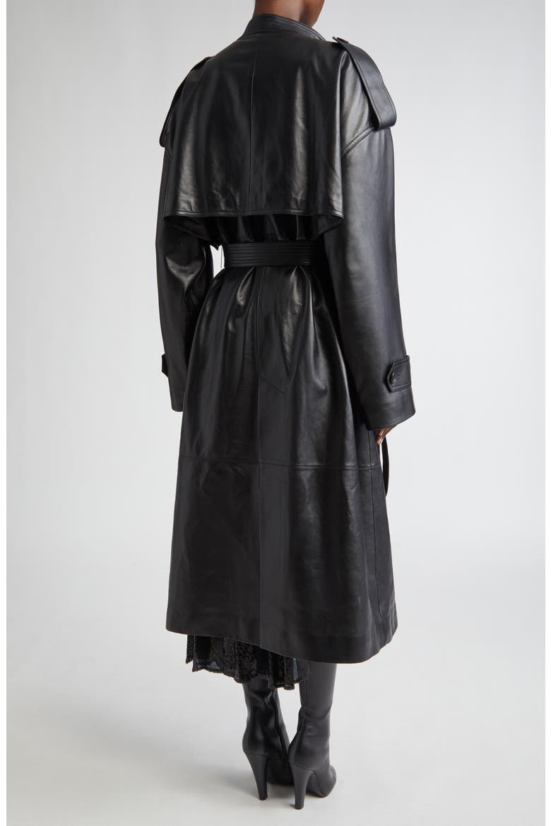 Belt Neck Plongé Leather Trench Coat, Alternate, color, BLACK