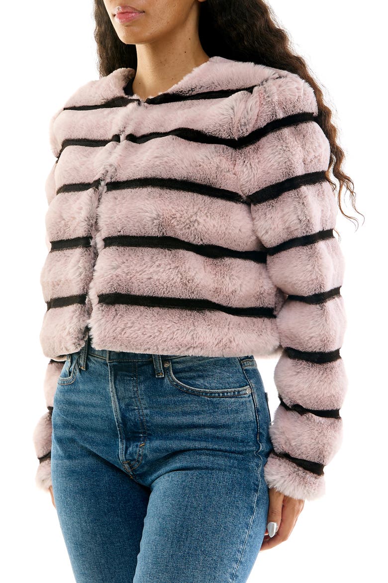 Long-Sleeve Striped Faux Fur Bolero, Alternate, color, BLUSH/ BLACK