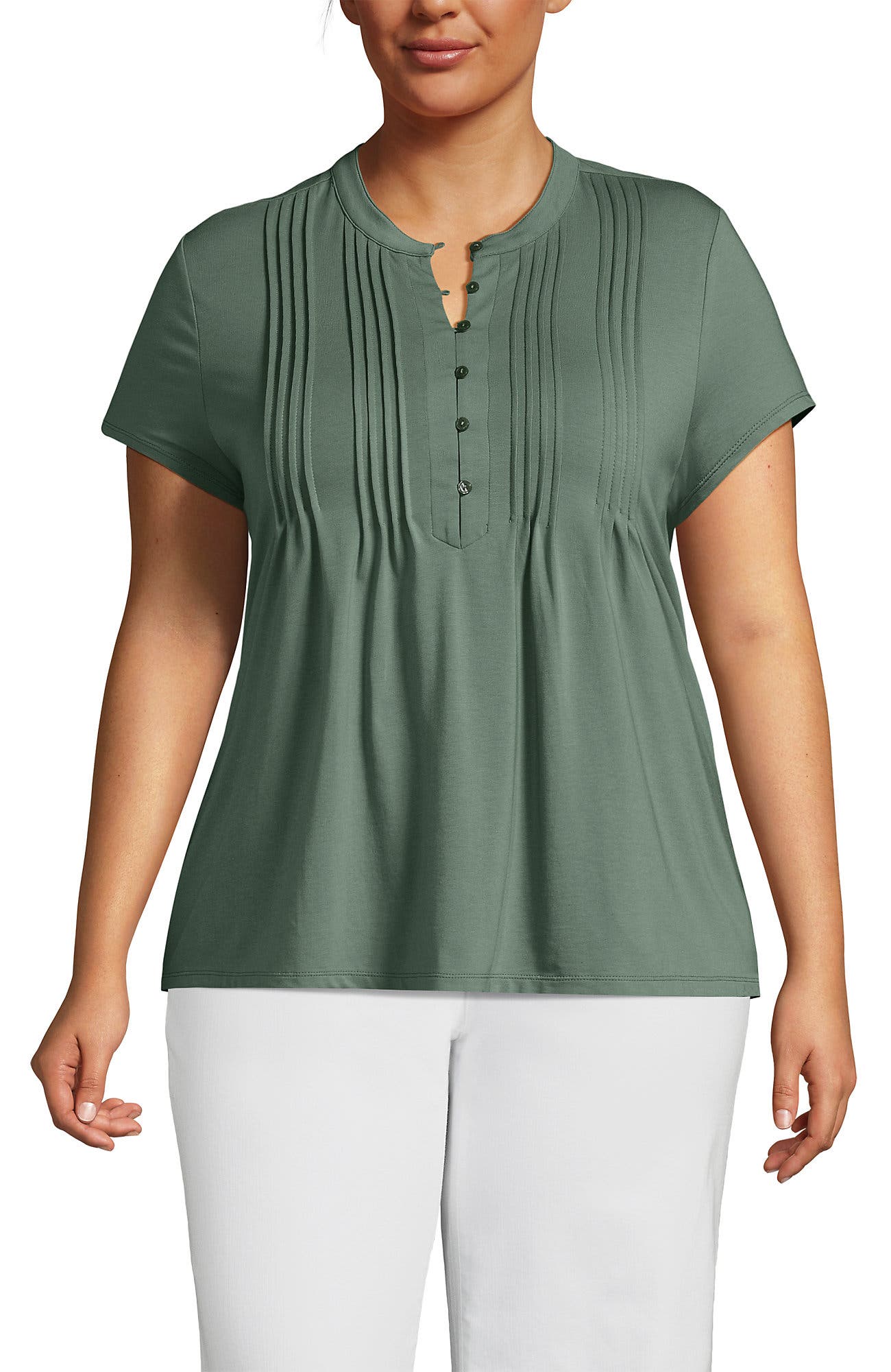 Plus Size Lightweight Jersey Button Pintuck Top - image 3