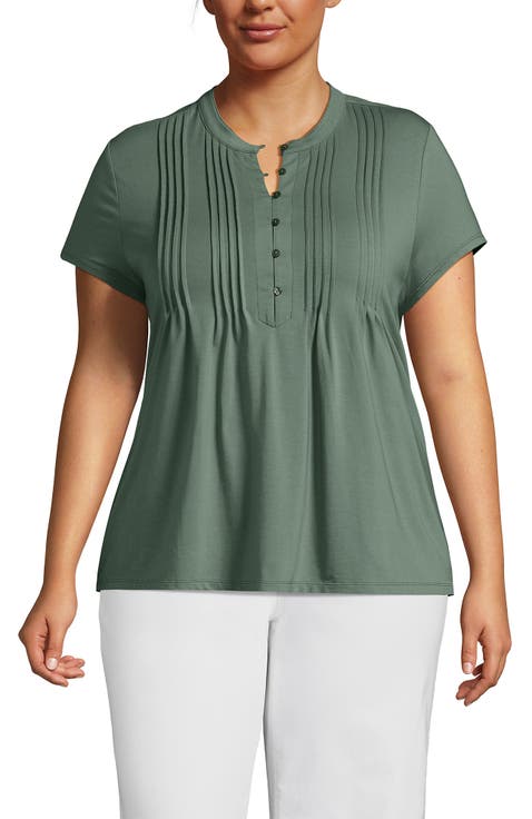Plus Size Lightweight Jersey Button Pintuck Top