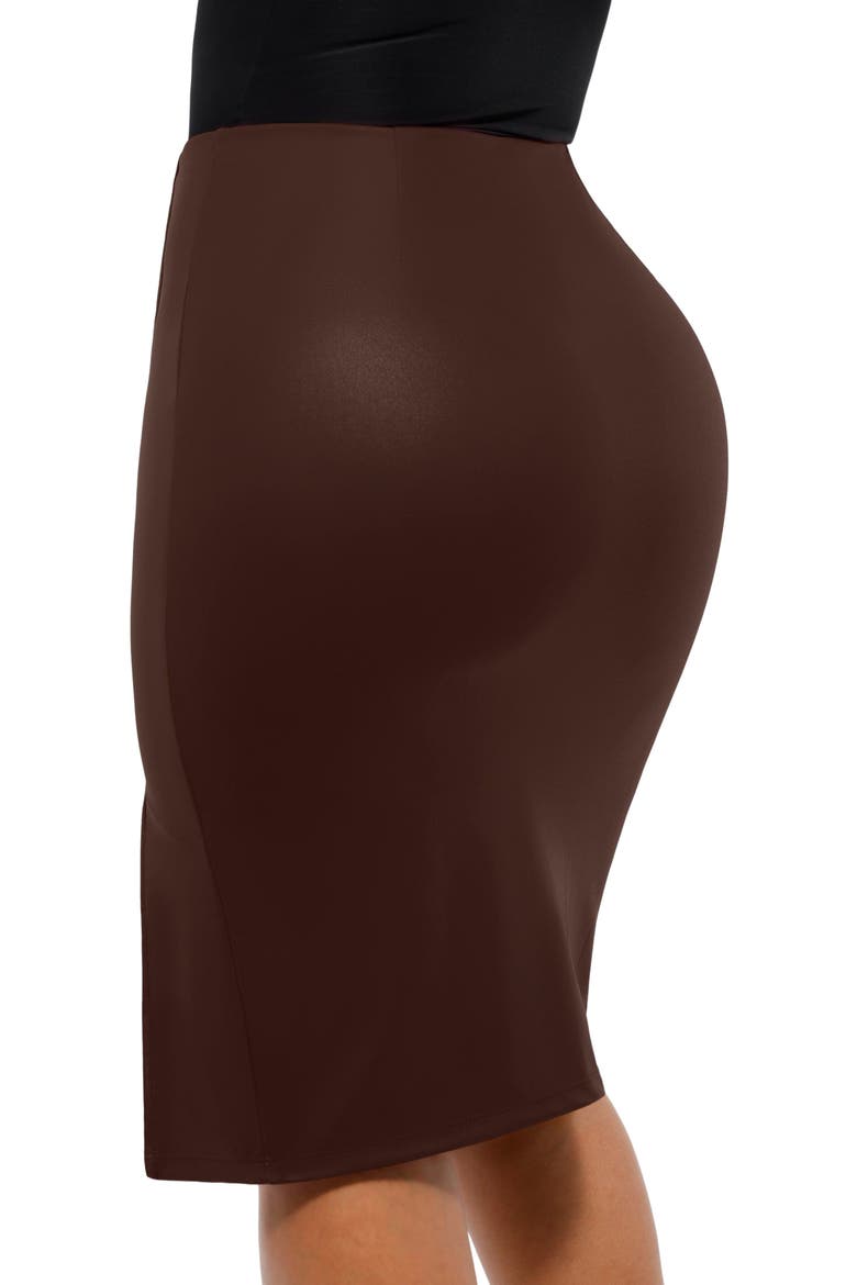 Shapewear Sculpting Faux Leather Front Slit Midi Skirt, Alternate, color, Deep Coffee