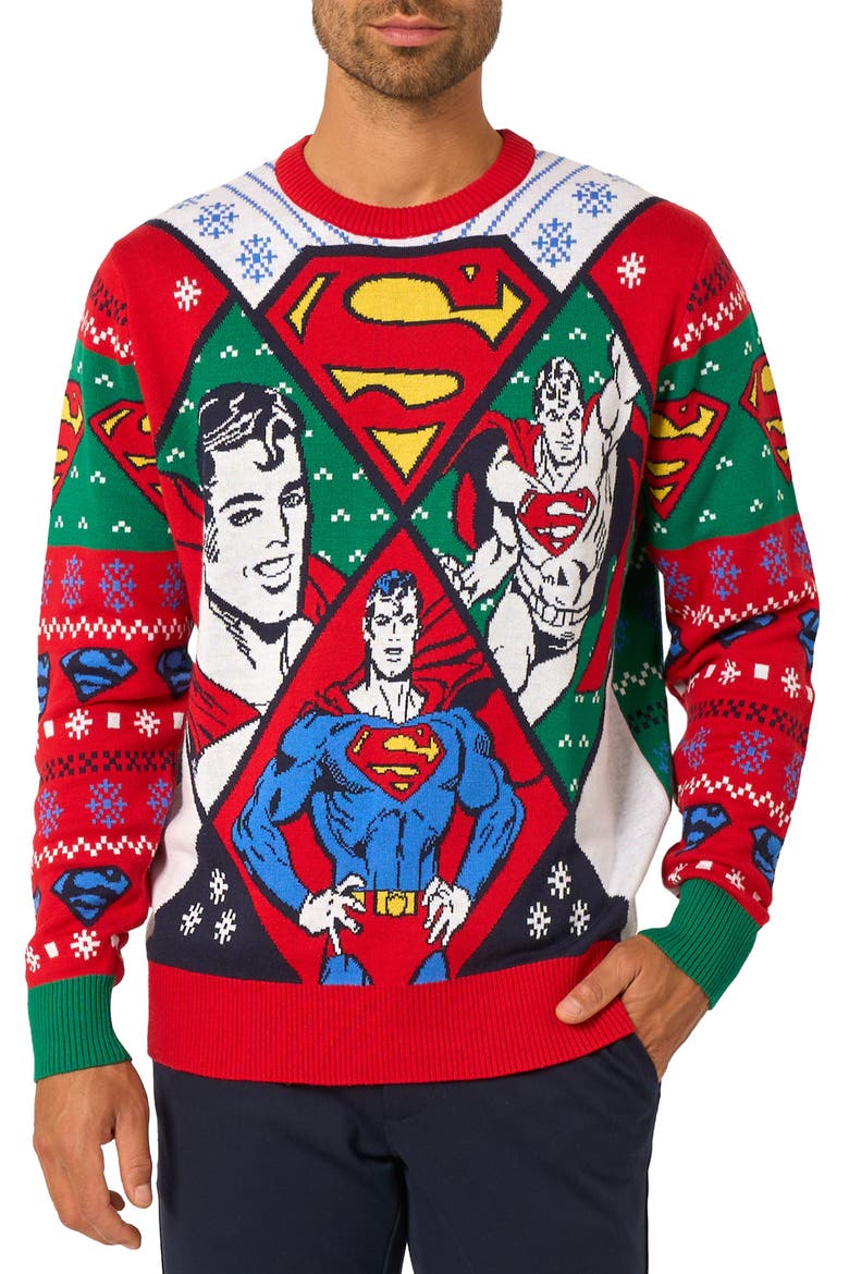 Superman Christmas Crewneck Sweater, Main, color, RED MULTI