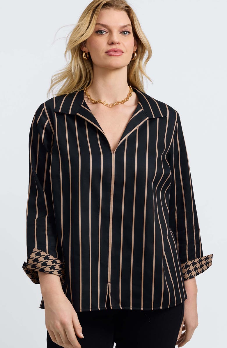 Foxcroft Agnes Stripe Three-Quarter Sleeve Popover Top, Alternate, color, Black/ Almond