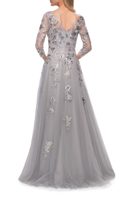 La Femme Beaded Lace Tulle A-line Gown In Silver