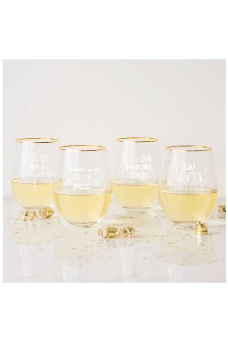 90's Sayings Set of 4 Etched Stemless Wine Glasses, Alternate, color, GOLD