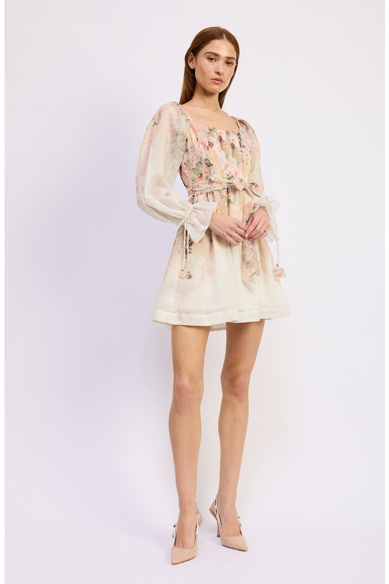 Floral Print Tie Waist Long Sleeve Chiffon Minidress, Alternate, color, IVORY BLUSH ORCHID