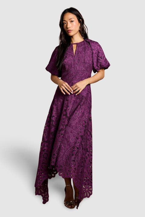 Lace Hanky Hem Puff Sleeve Dress