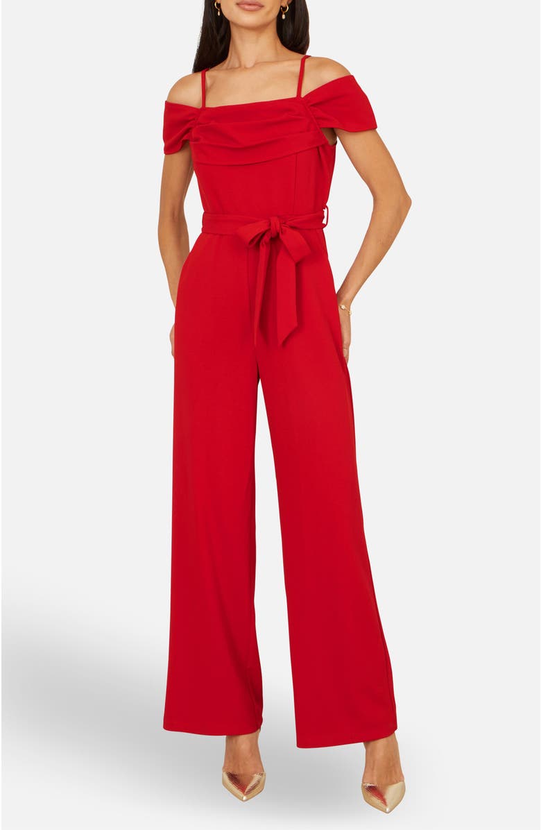 Yumi Draped Bardot Wide-Leg Self-Tie Jumpsuit, Alternate, color, Red