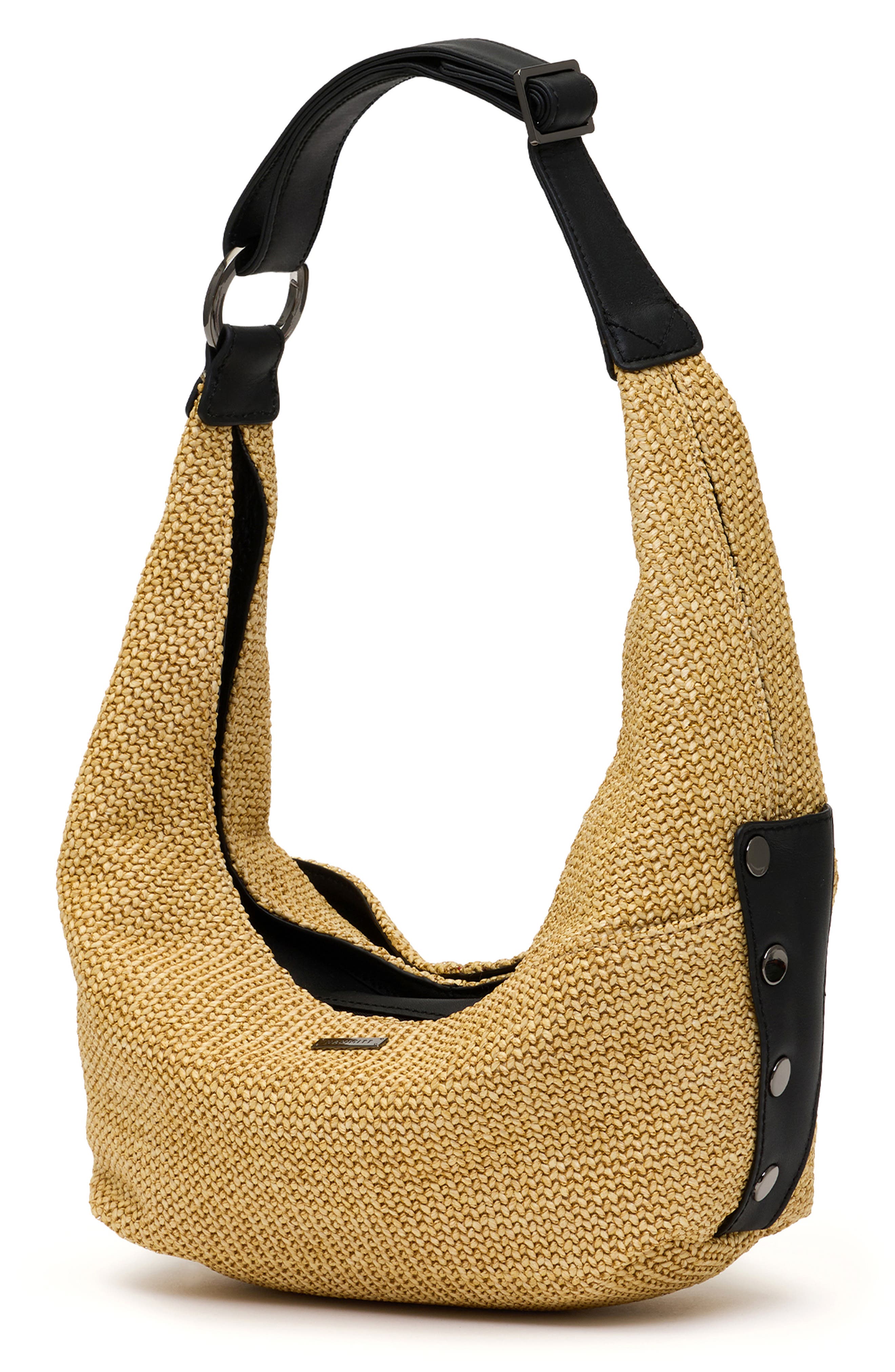 HAMMITT Tom Zip Medium Hobo Bag, Alternate, color, Noir Smooth Raffia/ Gunmetal