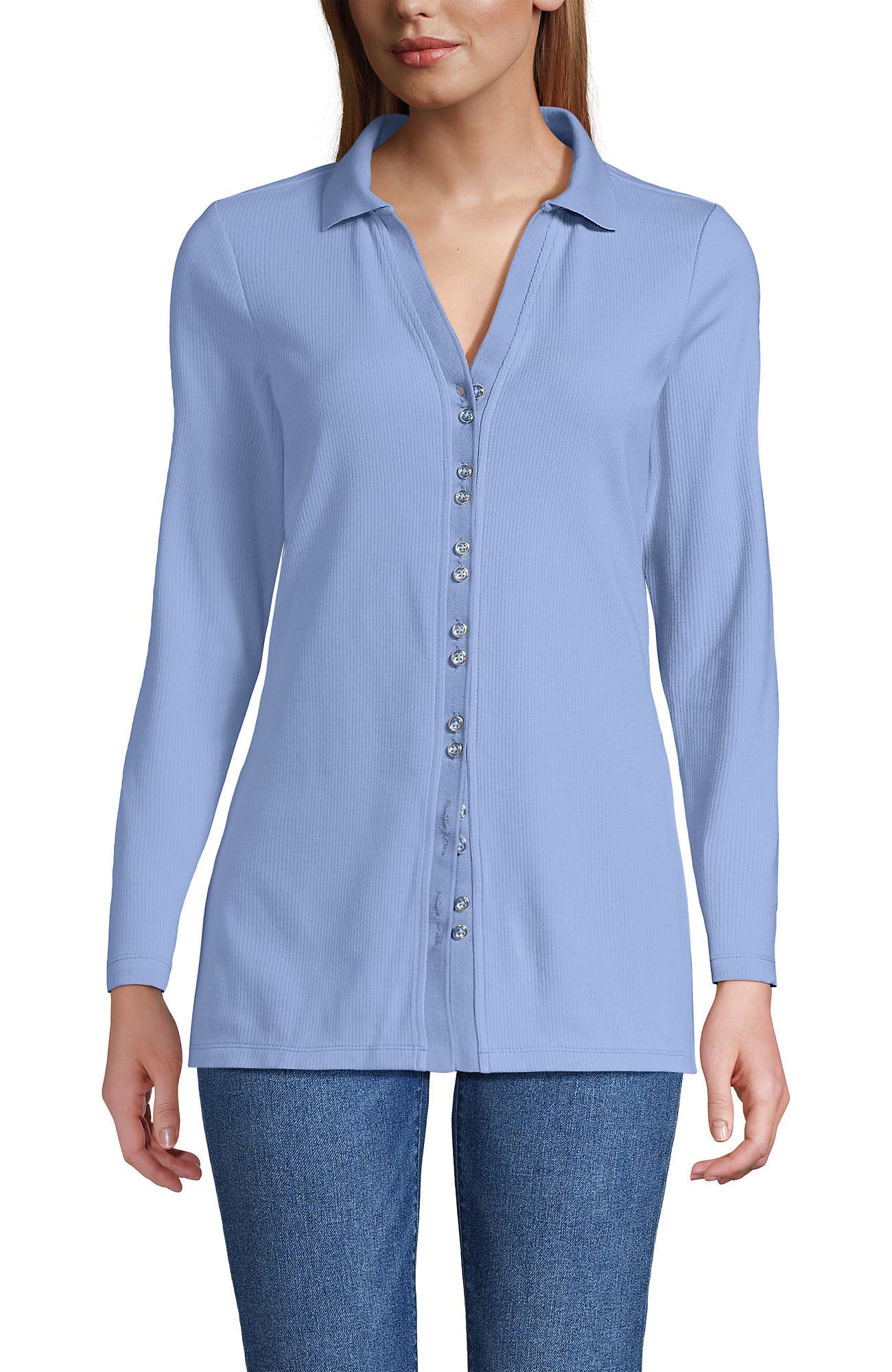 Long Sleeve Polished Rib Button Through Tunic Shirt - image 5