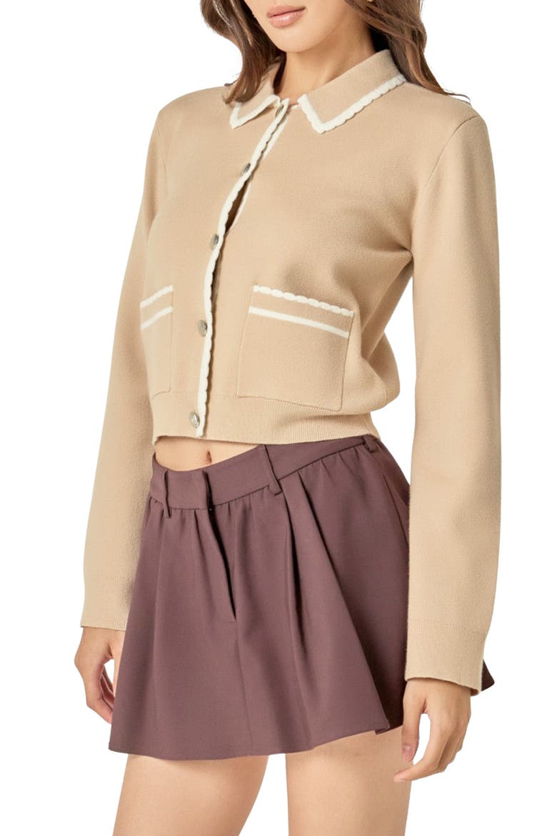 Scallop Trim Cardigan, Alternate, color, TAN/ OFF WHITE