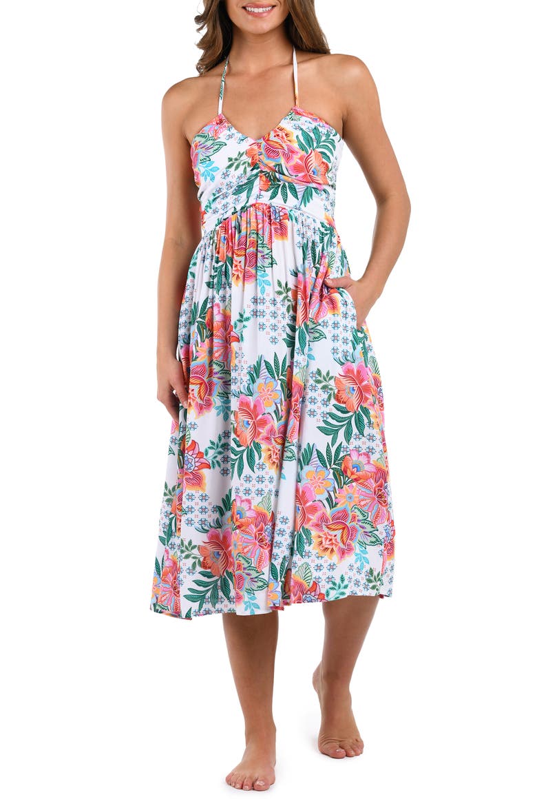 Riviera Floral Halter Neck Cover-Up Dress, Main, color, WHITE