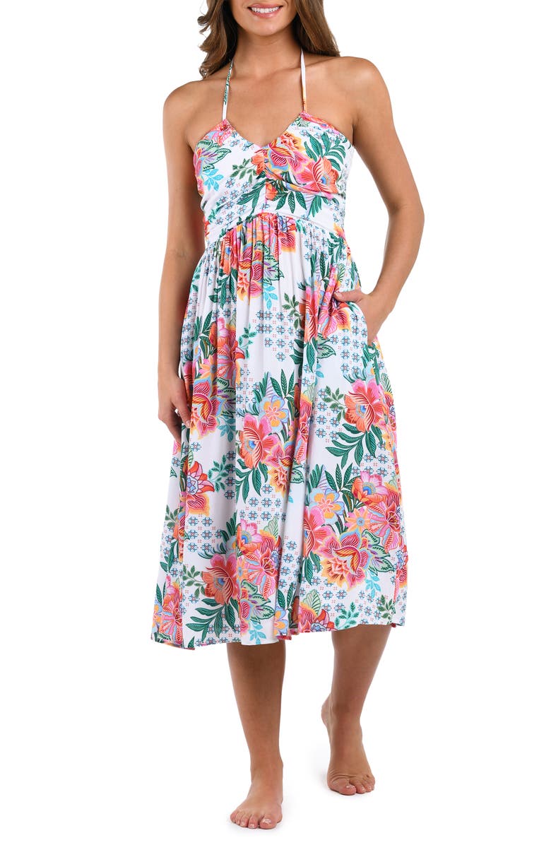 La Blanca Riviera Floral Halter Neck Cover-Up Dress, Main, color, White Multi