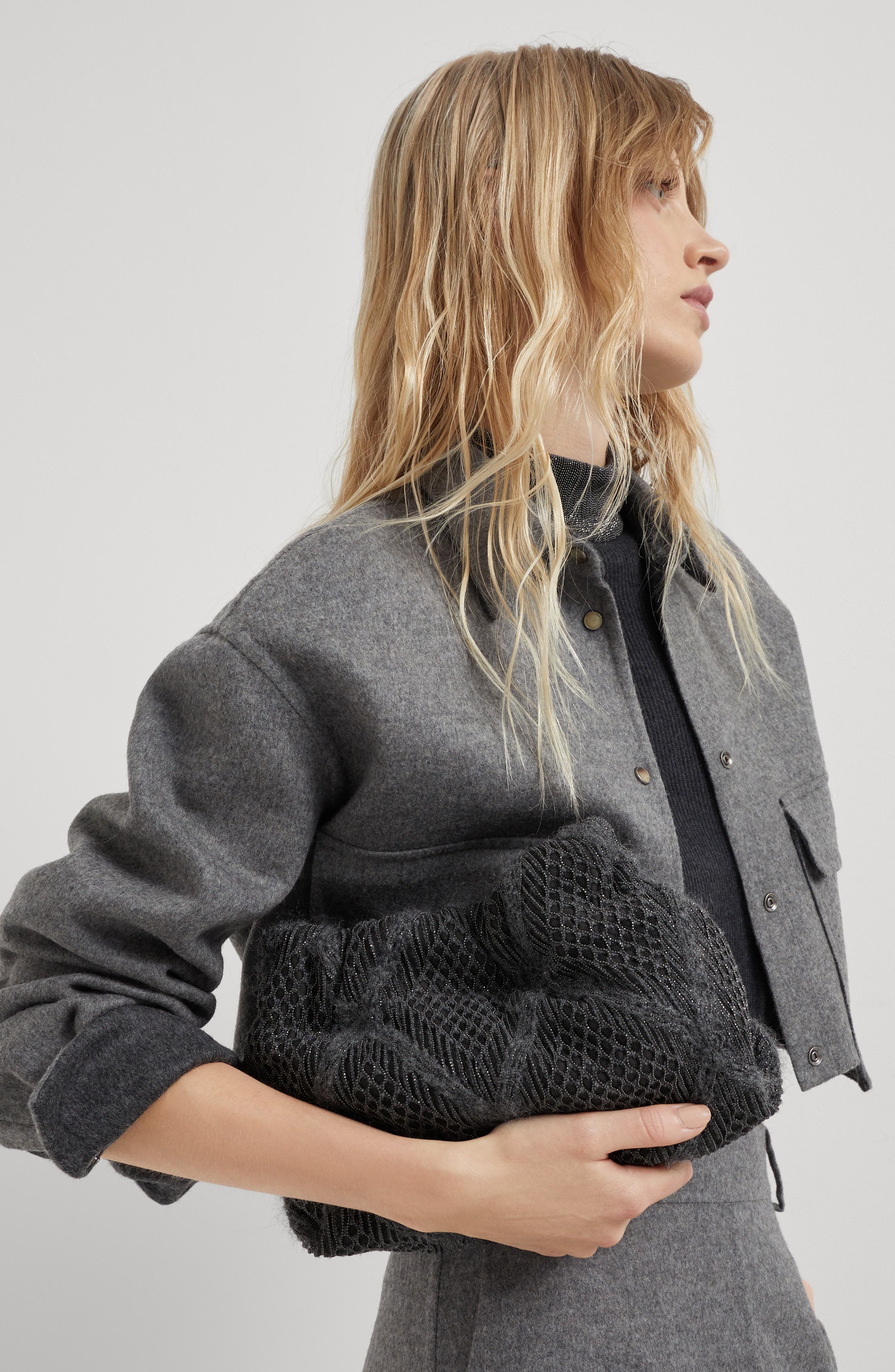 Brunello Cucinelli Precious Argyle Embroidery bag in virgin wool, mohair, cashmere and silk, Alternate, color, 