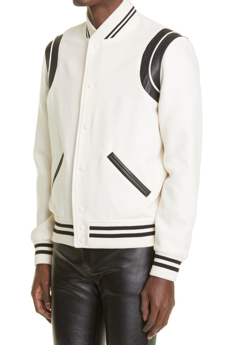 Teddy Stretch Wool Varsity Jacket, Alternate, color, NATURAL