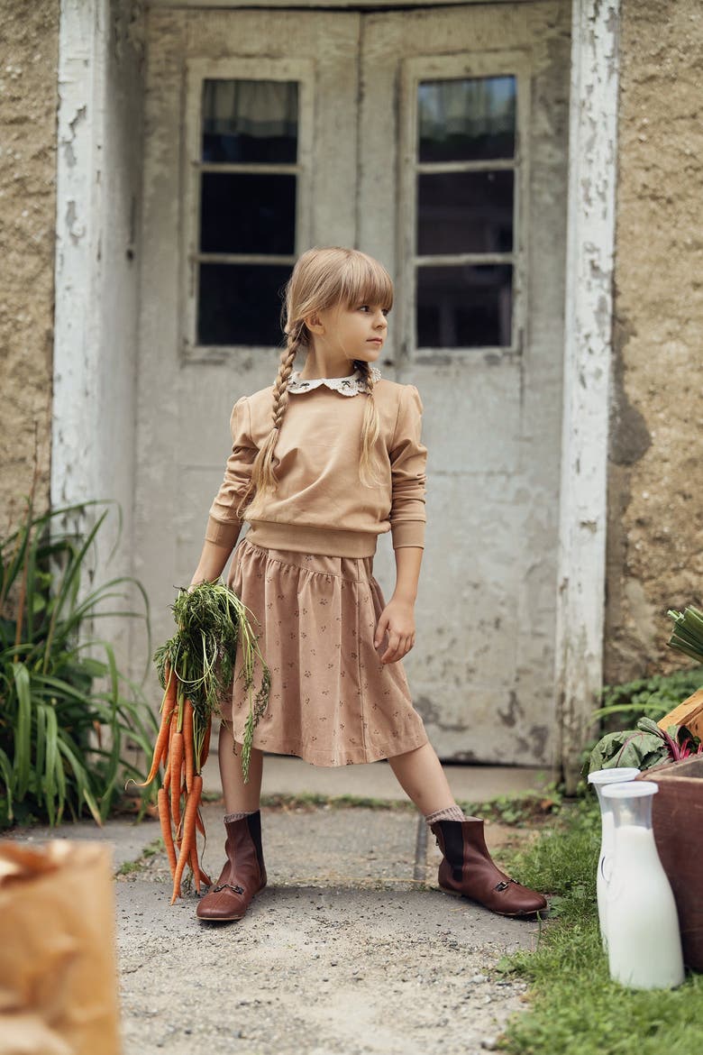 2 Piece Corduroy Skirt Set with Crochet Collar French Fleece Sweater, Alternate, color, Dusty Pink