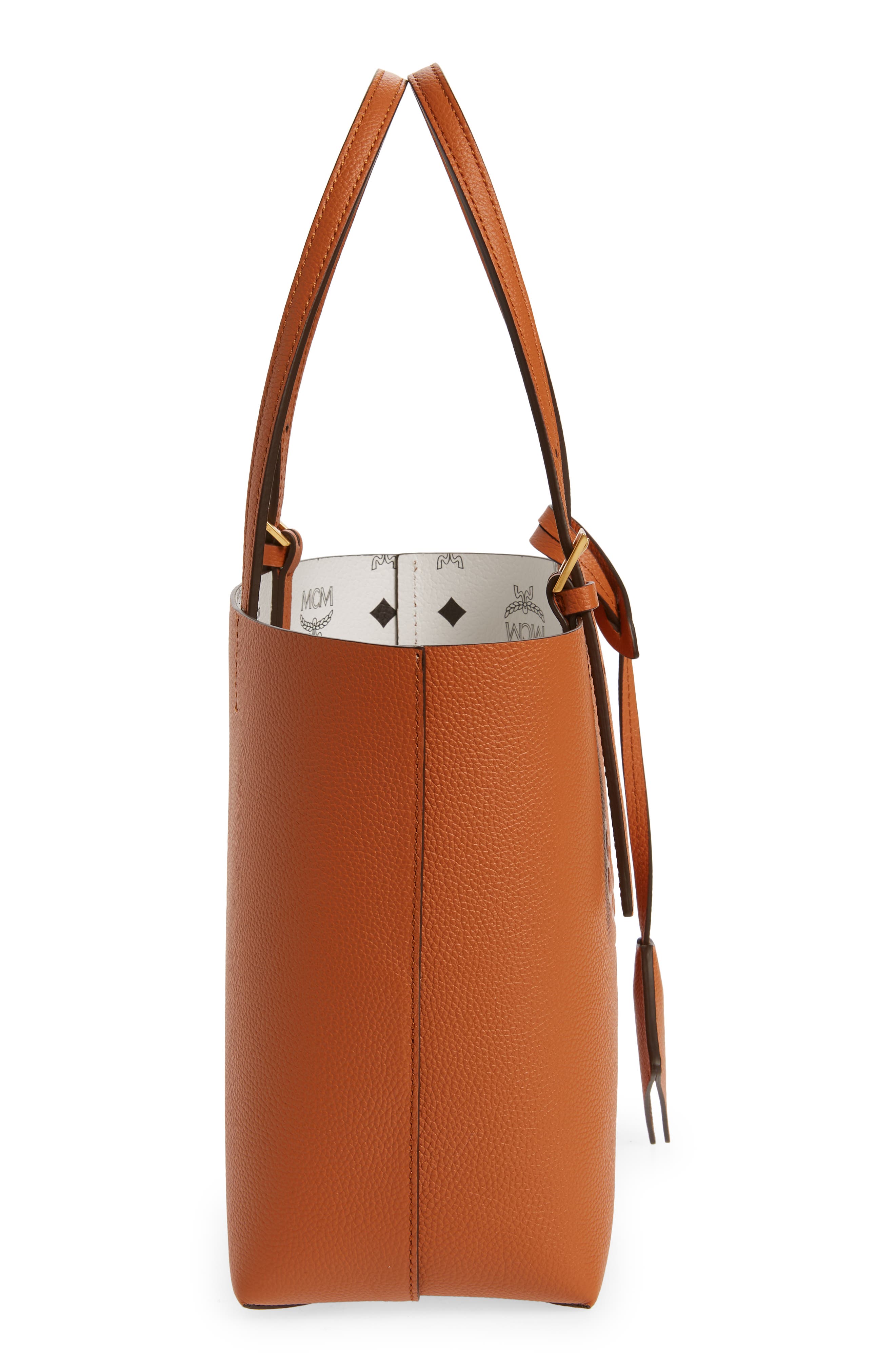 MCM Mini Lauretos Reversible Leather Shopper Bag, Alternate, color, Cognac